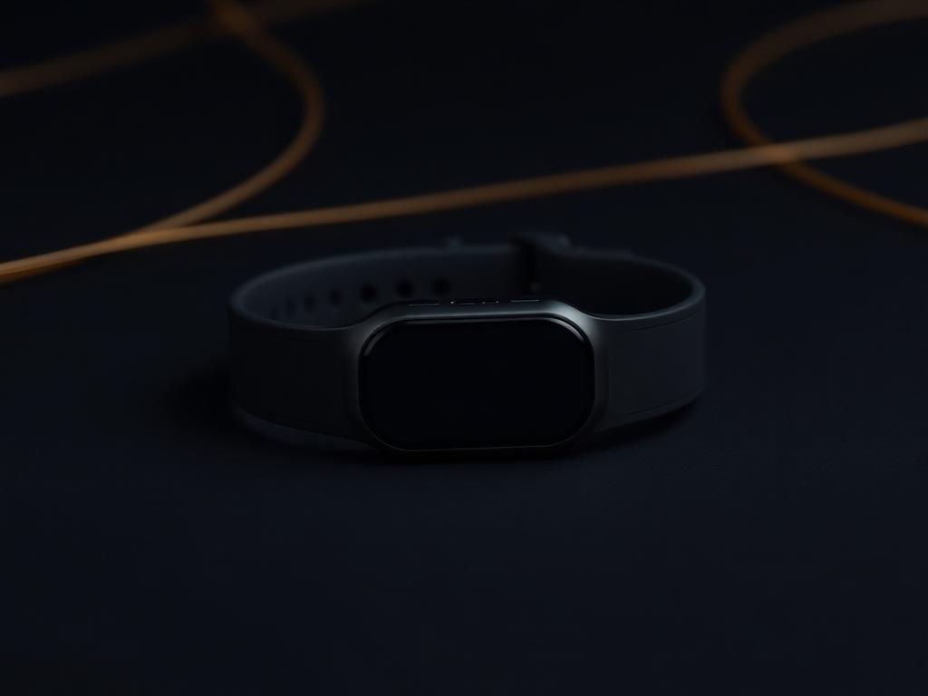 A screenless fitness band on a deep charcoal ground with faint gold telemetry lines